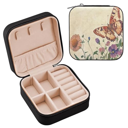 Ttgoth Joyero portátil de piel sintética con diseño de flores y mariposas para mujeres y niñas, joyero de viaje para anillos, aretes, collares, pulseras, organizador de joyas, 10 x 10 x 5 cm