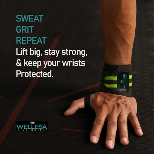 Image of Wellesa Wrist Support for Gym Workout | Wrist Band for Pain Relief & Weight Lifting | Wrist Wrap for Men & Women | Wrist Brace | Gym Accessories | One Size (Green 2 Line)