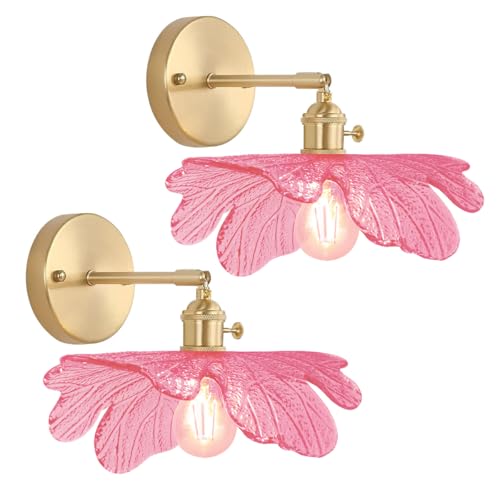 Image of Pink Glass Light Fixture Glass Flush Wall Sconce Lights Vintage Gold Bathroom Vanity Lights with Pink Flower Shape Shade 90 Adjustable Mid Century Rustic Wall Lamp for Over Mirror