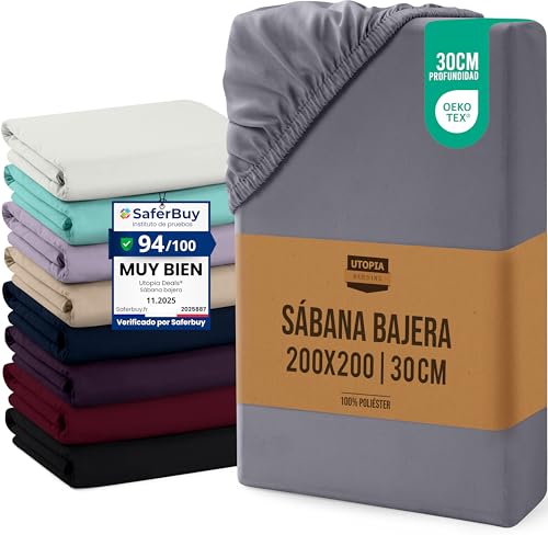 Utopia Bedding Sabana Bajera 200x200x30 cm - Gris - Bolsillo Profundo - Certificado Oeko Tex - Microfibra de Poliéster Cepillado (Cama 200)