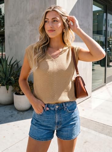Image of Dokotoo Sweaters for Women 2026 Summer Eyelet Cap Sleeve Knitted Vest V Neck Business Casual Loose Pullover Tank Tops