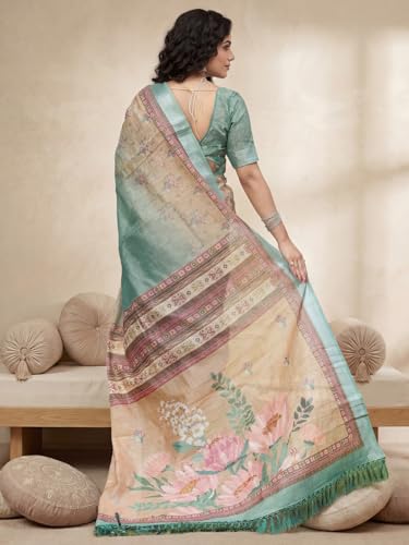 Image of AKHILAM Women's Floral Printed Handloom Cotton Silk Saree with Zari Border and Tassel Pallu Unstitched Blouse Piece | Traditional Ethnic Wear Sarees | Women saree silk | Festive Sari Women's