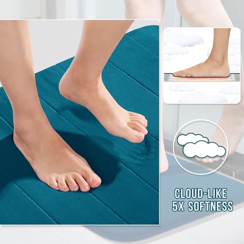 Image of Yimobra 2 Pieces Memory Foam Bath Mat Sets, 17x24+44.1x24 Inches for Bathroom Rugs, Toilet Mats, Non-Slip, Soft Comfortable, Water Absorption, Machine Washable (Peacock Blue, 17 inchx24 inch+31.5 inchx19.8 inch)