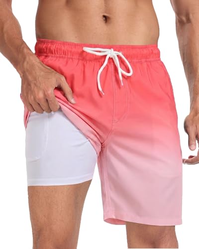 Image of Mens Swim Trunks with Compression Liner 2 in 1 Quick Dry Swimming Shorts Swimwear Bathing Suits with Pockets