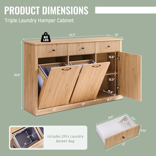 Image of IFBUY Triple Tilt Out Laundry Hamper Cabinet, Modern Fluted Trash Can Cabinet with 3 Drawers, 20 Gallon Hidden Garbage Can Cabinet w /Laundry Basket & Adjustable shelf for Bathroom,Kitchen, Natural Oak