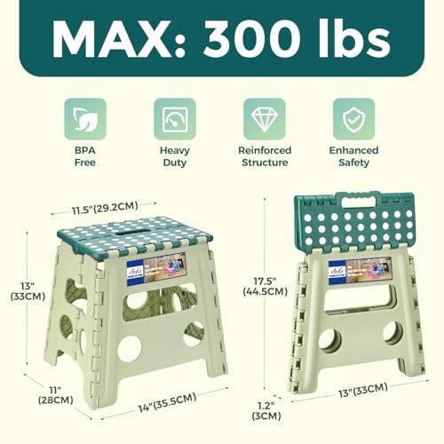 Image of ACKO Folding Step Stool 13 Inch, Sturdy Collapsible Step Stool Foldable Up to 300 lbs for Adults, Non Slip Lightweight Foot Stools with Handle, Ideal for Kitchen, Bathroom, Bedroom, Garden, Green