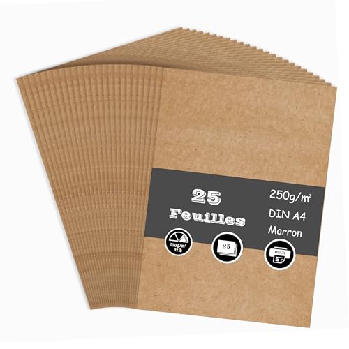 Lot de 25 feuilles de papier kraft cartonné, feuille cartonnée marron A4 250 g/m² épais carton bricolage pour la fabrication de cartes, le scrapbooking,...