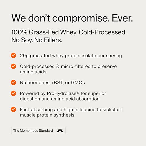 Momentous Essential Grass-Fed Whey Protein Powder - 20 g Whey Isolate Protein - NSF Certified for Sport - Gluten-Free - 25 Servings for Essential Everyday Use - Vanilla - Package May Vary