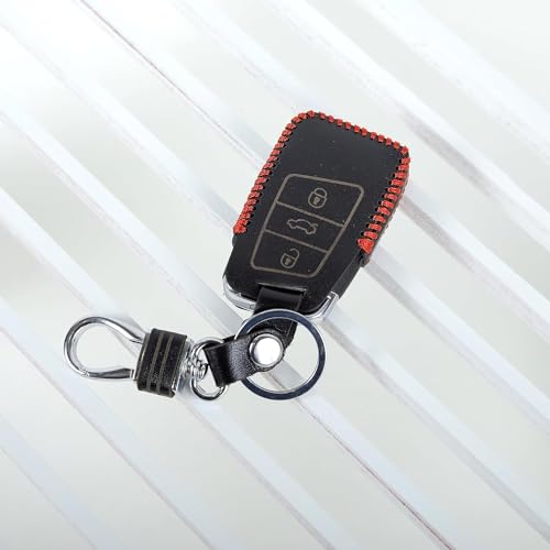 Image of Leather Smart Car Key Cover Case with Metal Hook Keychain Superb, Octavia, Jetta, Passat, Tiguan (Black)