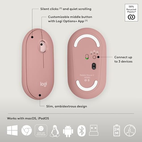 Image of Logitech Pebble 2 Combo, Wireless Keyboard and Mouse, Quiet and Portable, Customizable, Logi Bolt, Bluetooth, Easy-Switch for Windows, macOS, iPadOS, Chrome - Tonal Rose
