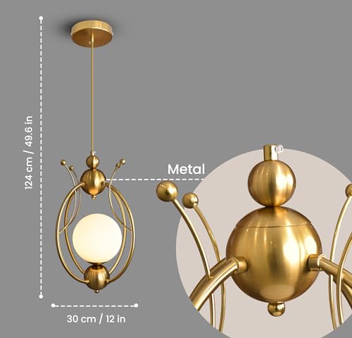 Image of Smartway Crown Modern LED Hanging Pendant Light | Golden Curved Metal Design with Frosted Orb Light | 3 Color Modes | Decorative Ceiling Pendant Lamp for Living Room, Bedroom, Dining, Cafe & Office