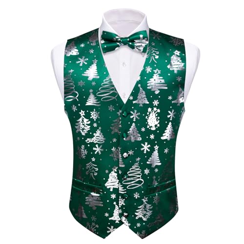 Barry.Wang Mens Christmas Vest Red Green Xmas Tree Snowman Snowflake Festival Suit Waistcoat Bow Tie Set Holiday