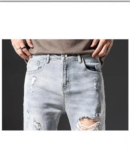 Men Slim Summer Korean Small Feet Locomotive Light Blue Elastic Casual Distressed Jeans2