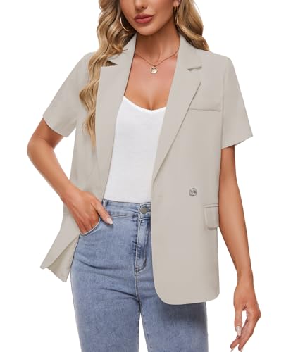 MINTLIMIT Womens Casual Blazers Notch Lapel Short Sleeve Button Front Blazer Jacket Suits Tailored Workwear,Apricot,XL3