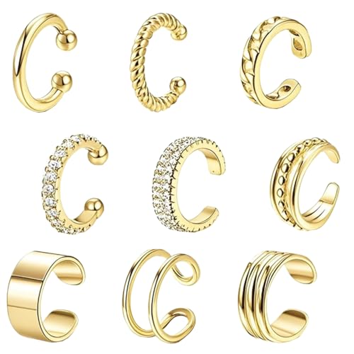 CHAOTEMAI 9 Pièces Faux Piercing Oreille Réglable Ear Cuff Boucle d'Oreille Clip Boucle Oreille Sans Trou Design Minimaliste Earcuff Femme Finition Lisse...