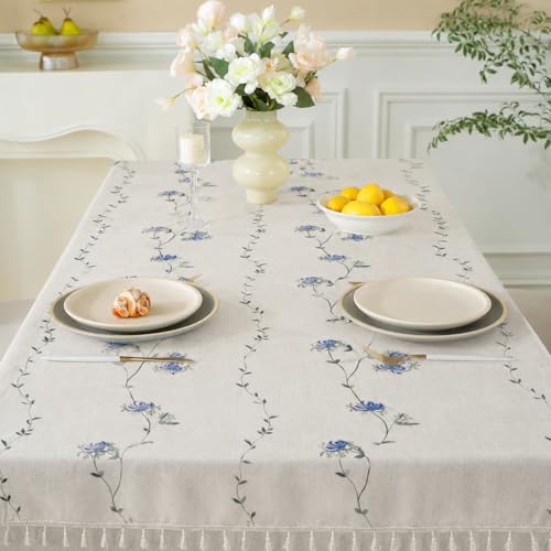 Image of Cortina Tablecloth for Dining Table Waterproof Table Cover, Cotton Linen Fabric Rectangle Tablecloth (White Floral, 6 Seater)