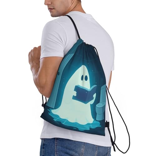 Drawstring Bag, Cute Ghost Reading In The Bathroom Design Durable Water Resistant For Sport,Travel - Lightweight Sackpack3