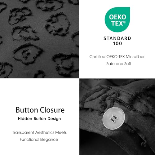 Image of Tufted Black Leopard Duvet Cover Queen Size,2 Pillow Shams, No Comforter | Button Closure,4 Corner Ties, All Seasons, Lightweight, Extra Soft, Leopard Print Textured, Queen Duvet Cover Set 90x90 in