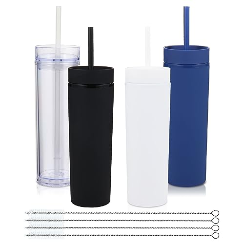 Volhoply 16oz Plastic Skinny Tumbler With Lid and Straw Bulk 4 Pack,Insulated Double Wall BPA Free Matte Acrylic Tumblers,Iced Coffee Travel Reusable Party Cup,Customizable Diy Gifts(Assorted,4 Set)