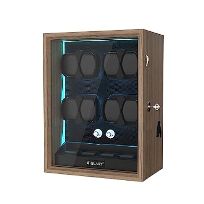 XTELARY Watch Winder, Wood Color Lockable Automatic Winders for 8 Automatic Watches with Extra 4 Watch Storages, 4 Rotation Modes, Flexible Watch Pillows, Quiet Mabuchi Motor, and Blue Backlight