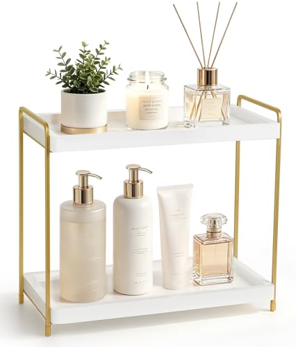 Mkono Bathroom Counter Organizer, 2 Tier Countertop Bathroom Decor Wood Storage Sink Shelf for Vanity Kitchen Coffee Station Home Office, Makeup Tray for Cosmetic Skincare Perfume, Gold and White