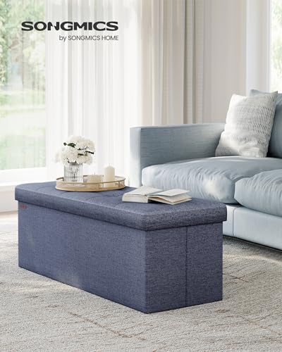 Image of SONGMICS MAZIE Collection - 43 Inches Folding Storage Ottoman Bench, Ottoman Foot Rest, End of Bed Bench, Storage Chest, Load 660 lb, for Living Room, Bedroom, Entryway, Misty Blue ULSF077Q01