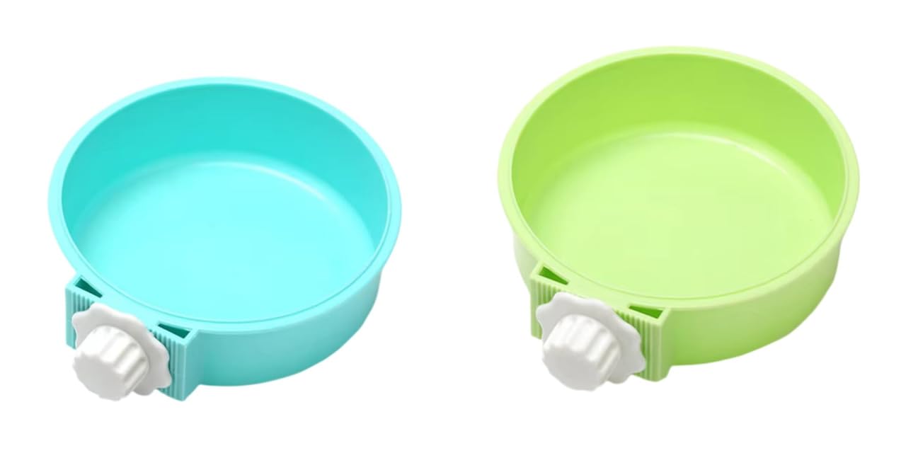 Round Cage Hanging Pet Bowl for Dog and Cat Food with Plastic Lock (Blue) and Round Cage Hanging Pet Bowl for Dog and Cat Food with Plastic Lock (Green) Combo Pack