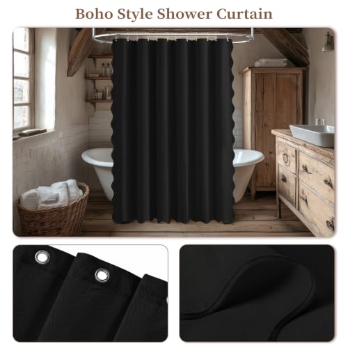BTTN 72x80 Boho Scalloped Linen Textured Cloth Shower Curtain Set, Black by BTTN - Used condition - Image 7