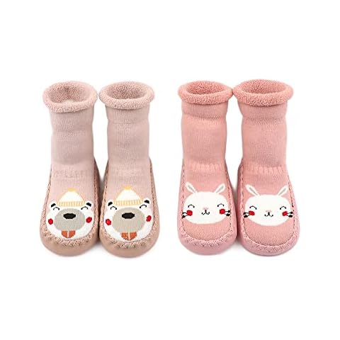 Adorel Baby Girls' Anti-Slip Slippers Socks Thick Pack of 2 Rabbit Bear 3 (Manufacturer Size: 13) Cover