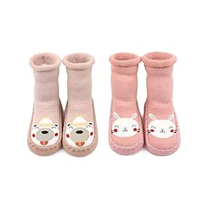 Adorel Baby Girls’ Anti-Slip Slippers Socks Thick Pack of 2