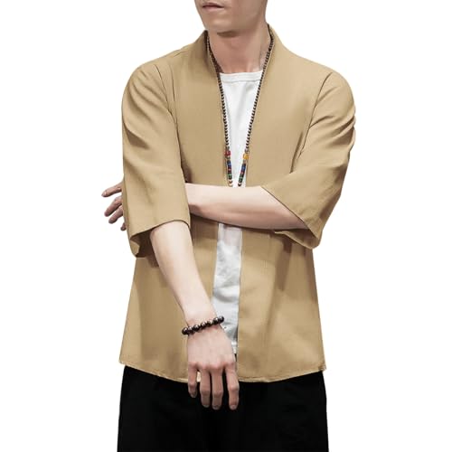 Image of PRIJOUHE Men's Kimono Jackets Cardigan Lightweight Casual Cotton Blends Linen Seven Sleeves Open Front Coat Outwear