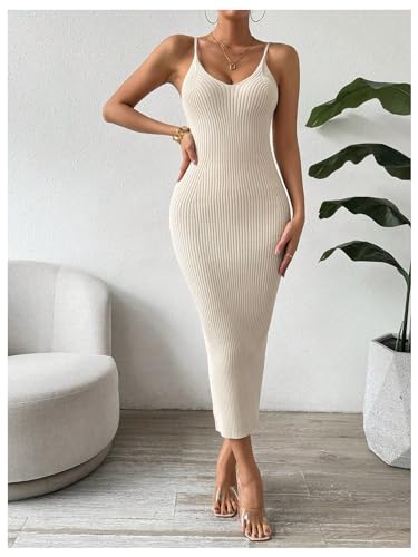 Image of GORGLITTER Women's Ribbed Knit Sweater Dress Backless V Neck Sleeveless Bodycon Midi Dresses