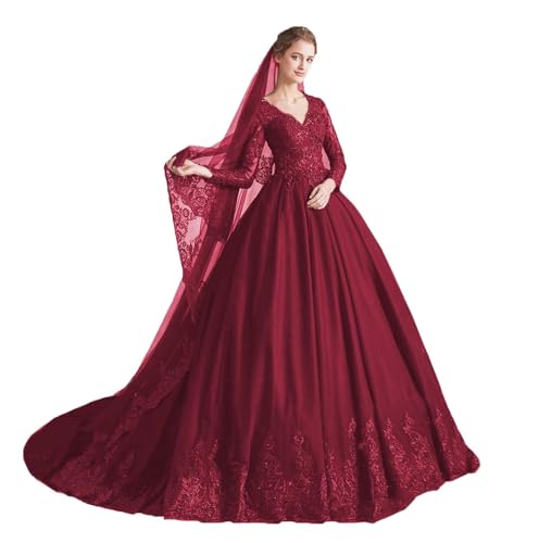long sleeve burgundy wedding dress Burgundy Illusion Neckline Long Sleeve Beaded Lace-Appliqued Ball Gown Wedding Dress