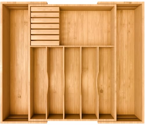Premium Expandable Kitchen Drawer Organizer - 100% Bamboo Organizer Tray - Great for Silverware, Large Utensils, Flatware, Cutlery - 8 Compartments with Knife Block - Perfectly Fits Your Drawers
