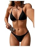 SHENHE Women's Halter Swimsuits 2 Piece Triangle High Cut Cheeky Thong Bikini Set Bathing Suit Black X-Small