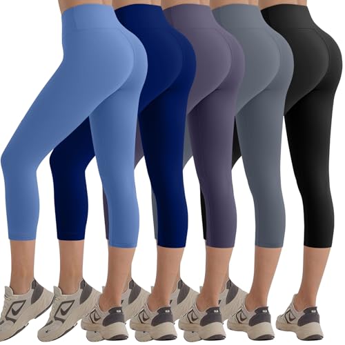 Coume 5 Pack Capri Leggings for Women High Waisted Tummy Flat Workout Leggings Stretch Athletic Yoga Pants Running Cycling(Capri,Black/Navy Blue/Light Grey/Blue/Purple,S)