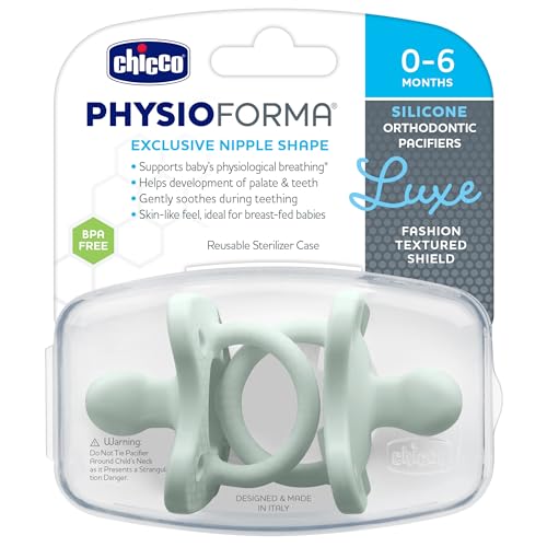 Image of Chicco PhysioForma Luxe Orthodontic Pacifier for Babies 0-6 Months,One-Piece 100% Soft Silicone,Supports Breathing,Textured Shield&Handle,Included Sterilizing Case,BPA Free,Mint,2 Count (Pack of 6)