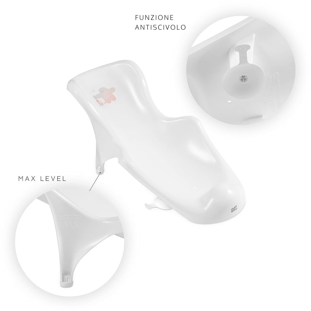 Hylat Baby Vaschetta Bagnetto Neonato e Riduttore con Tappo - Friends Bianca - Certificato TÜV Rheinland - Stabile e Confortevole, Ideale per Bambini fino a 12 Mesi - Collezione Lite - Sdraietta