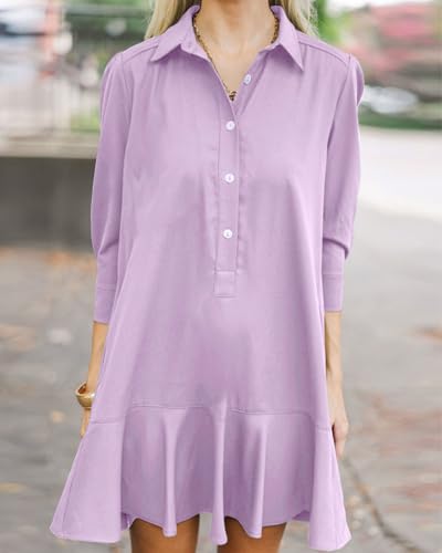 Image of YEXPINE Women's Tunic Mini Shirt Dress Cotton Linen Long Sleeve Button Up Ruffle Hem Loose Casual Summer Pockets Shift Dress