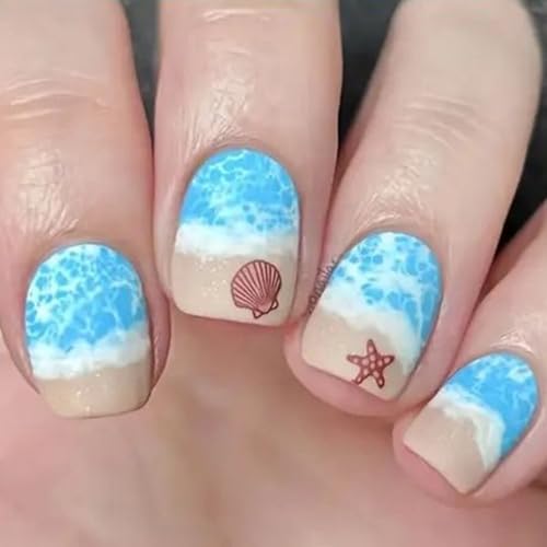 24Pcs Blue Ombre Fake Nails Summer Beach Press on Nails Glossy Fr...