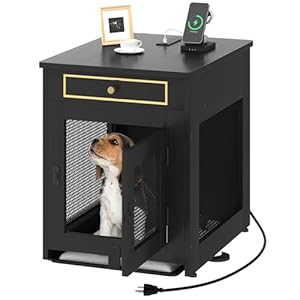 DWVO Dog Kennel Furniture with Dual USB Charger, Dog Crate End Table with Tray, Wooden Dog Crate Furniture with Cushion for Small Dogs, Black