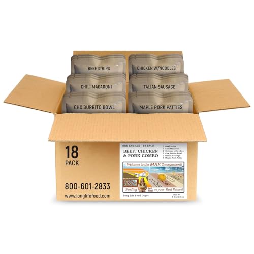 MRE Variety Pack (18-Pack) – Beef, Chicken & Pork Entrees – Long Shelf Life – 2023+ Production Dates by Long Life Food Depot – Meals Ready to Eat