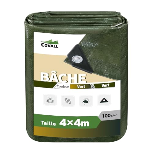 Covall Bâche de Service moyenen 4x4m Bâches Imperméable 100g/m² et résistant à la moisissure Polyvalent Résistant aux déchirures Tente UV Piscine Toit Bac à Sable Bateau Camion VR.(Vert)