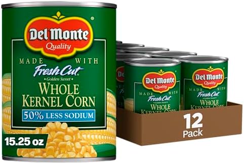 Del Monte FRESH CUT 50% Reduced Sodium Golden Sweet Whole Kernel Corn, Canned Vegetables, 12 Pack, 15.25 oz Can