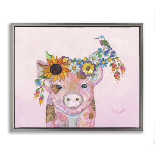 Floral Pink Little Piggy Bird, 17 x 21 Inch Canvas in Floater Frame