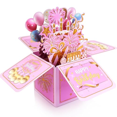 Pink Funny Pop-Up Birthday Card Sweet 3D Gift Box Unique Handmade Foldable Celebration Card for Adults Kids Daughter Son Mom Dad Friends