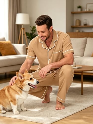 Image of Mens Pajamas Set Short Sleeve Sleepwear Button Down Loungewear Set Soft Modal 2Pcs Pj Set with Pockets S-3XL