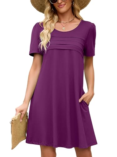 Image of Heymoments Women's Short Sleeve Crewneck Sundress Summer Casual A-Line Beach Dress with Pockets S-2XL