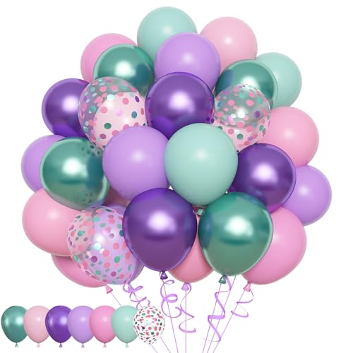 Image of Amandir 153pcs Mermaid Balloon Garland Arch Kit Different Sizes | 18 12 10 5 inch Purple Pink Green Latex Metallic Confetti Balloons for Girl Ocean Themed Party Decorations
