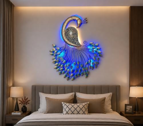 Image of Metal Handcrafted Peacock Wall Decor with LED Light, Home Decor, Wall Decor, Diwali Gift, Corporate Gift, Home Temple,Size : 32 * 26.5 * 3 inch